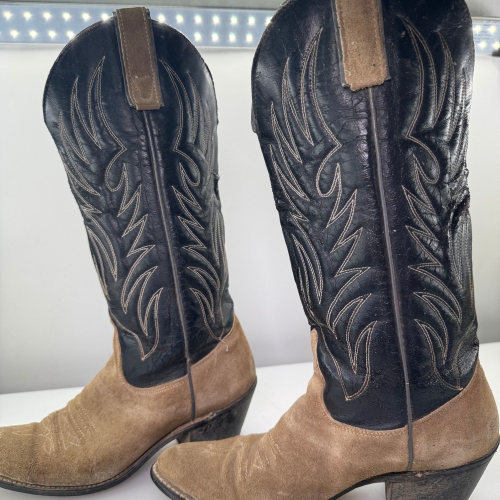 Vintage Texas Brand Boots Women 7M Tan Suede Black Leather Cowboy Western 80s - Picture 7 of 9